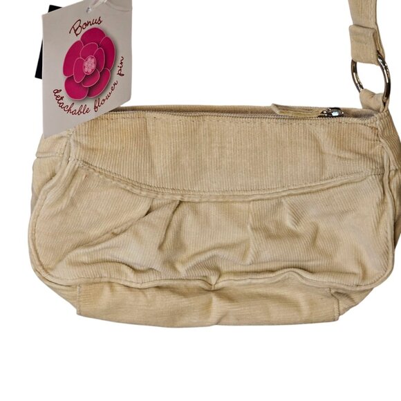 Y2K Tan Corduroy Shoulder Bag Small Beige NWT With Flower Brooch Neutral Mini - Picture 6 of 11